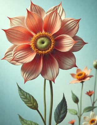 Primary subject: A large, vibrant pink flower with a yellow center, surrounded by green leaves.

Setting/background: The flower is placed on a blue surface, which serves as the background.

Visual style: The image is a digital artwork, featuring a close-up of the flower and leaves.

Colors and mood: The dominant colors are pink and yellow, creating a warm and lively atmosphere.